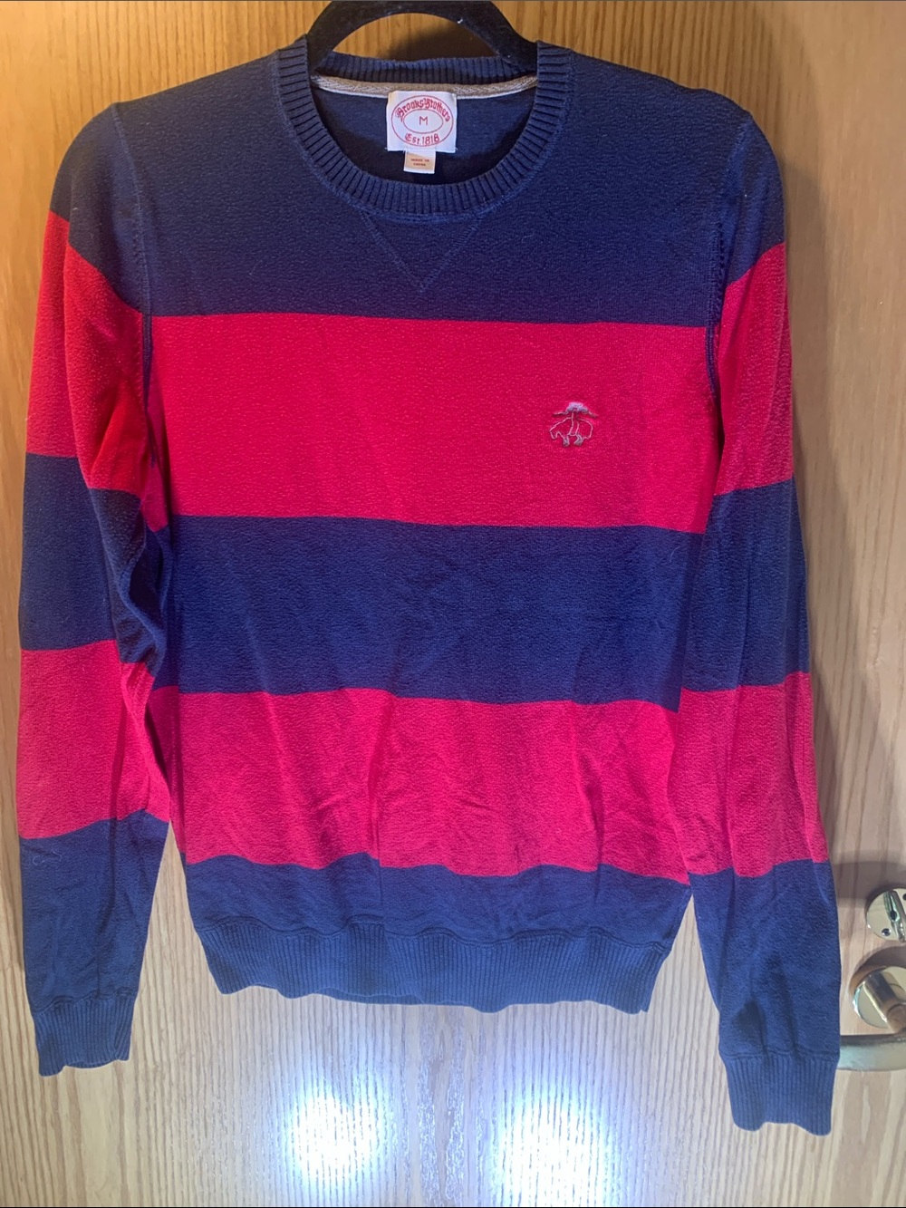 Men’s Brooks Brothers 100% Cotton Red & Navy Striped Crewneck Sweater - Size M